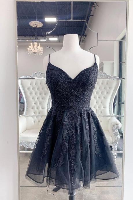 Black Tulle Lace Short Customize Lace Up Prom Dress, Party Dress