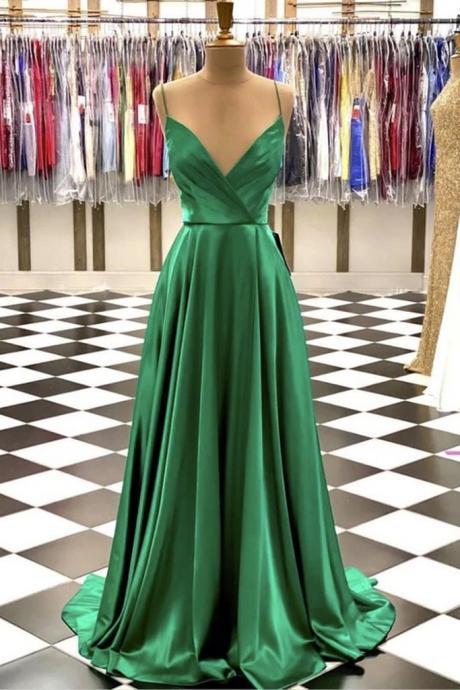 Green Satin V Neck Spaghetti Straps Long A Line Prom Dress, Party Dress