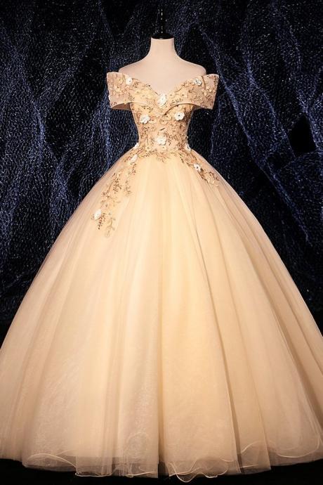 Champagne Tulle Lace Applique Off Shoulder Long Sweet 16 Prom Dress, Evening Dresses