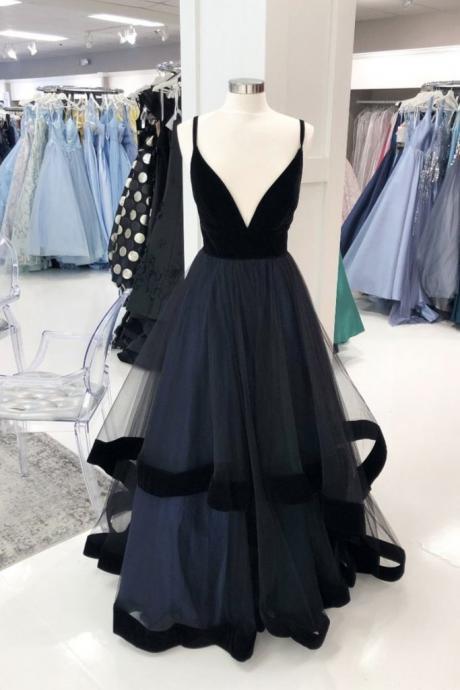 Black Tulle V Neck Long Customize A Line Prom Dress, Evening Dresses