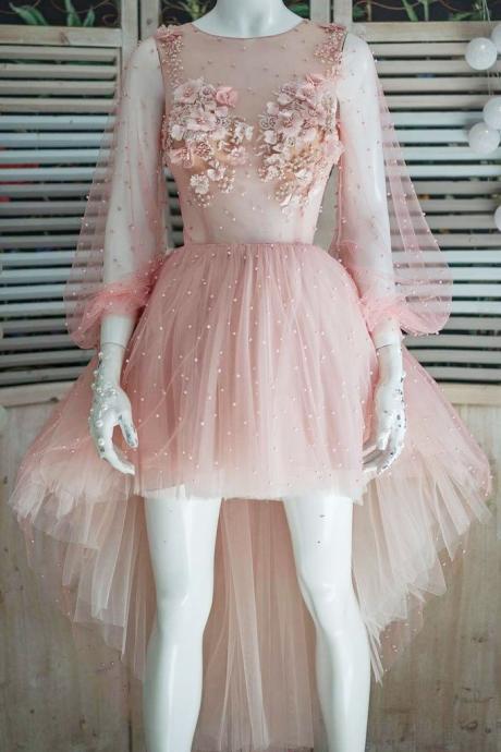 Pink Tulle Lace Applique High Low Homecoming Dress, Prom Dress