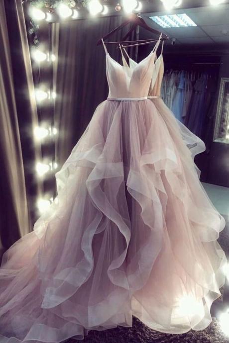 Champagne Tulle V Neck Formal Long Dress, Prom Dress, Champagne Homecoming Dress