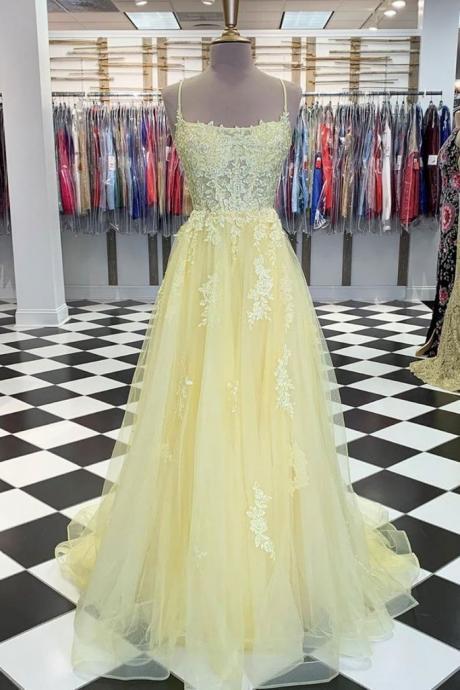 Brand Fresh Yellow Tulle Lace Long Prom Dress, Party Dresses
