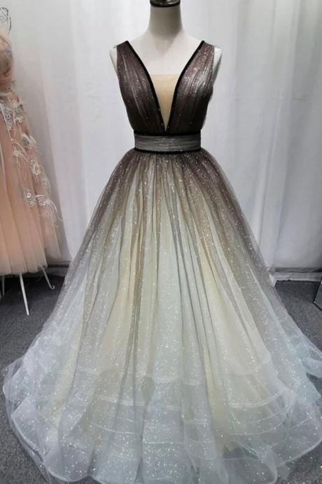 2021 Long Tulle V Neck Simple A Line Prom Dress, Evening Dresses