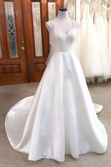 White Satin Long Train Sweetheart Formal Prom Dress, Evening Dress