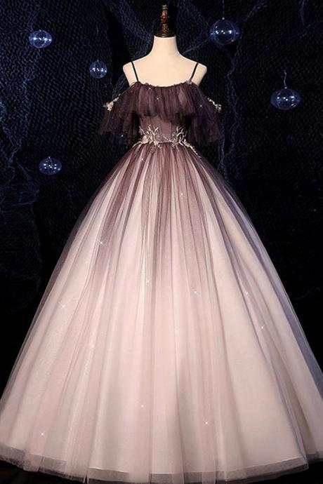 Simple Coffee Tulle Sequin V Neck Long Prom Dress Evening Dress