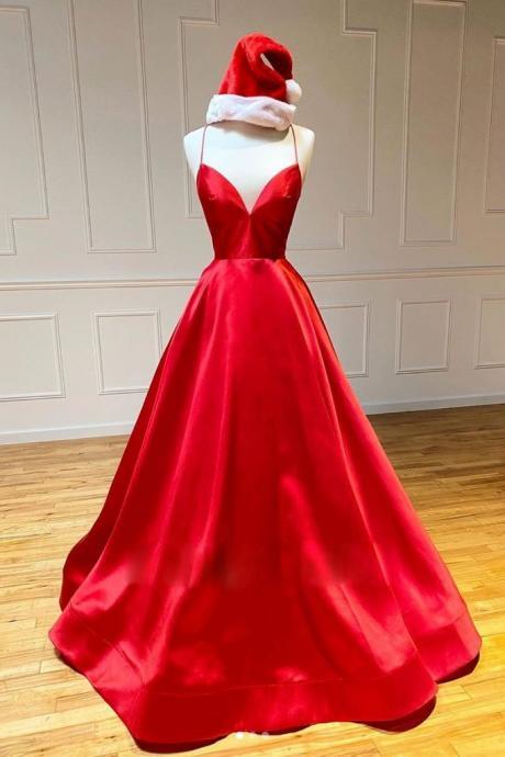 Red Satin V Neck Spaghetti Straps Long Backless Long Prom Dress Evening Dress