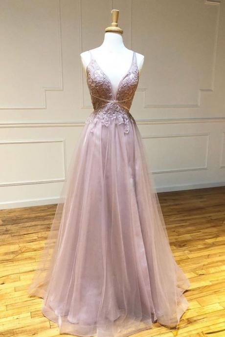 Pink Tulle Lace A Line Open Back Long Sweet 16 Prom Dress, Evening Dress