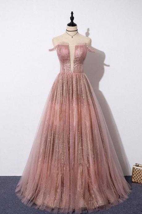 Brand Pink Sequins Tulle Strapless Customize Long Prom Dress, Evening Dress