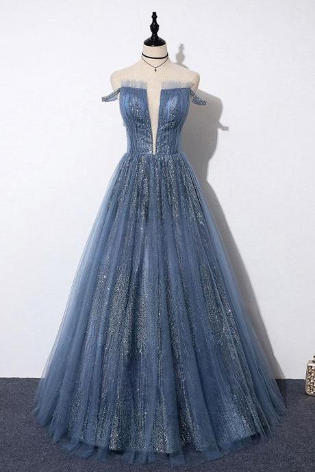 Blue Sequins Tulle Strapless Customize Long Prom Dress, Evening Dress