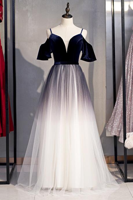 Deep Blue Velvet Spaghetti Straps A-Line Prom Dresses Formal Women Dress With Sleeves