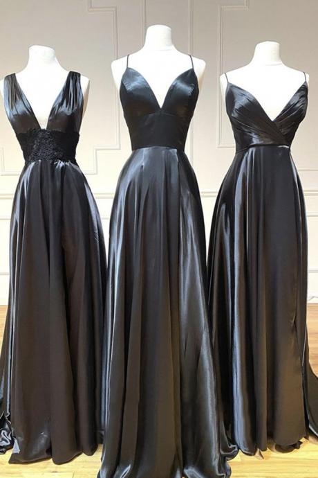 Black Satin V Neck Long Prom Dress, A Line Evening Dress