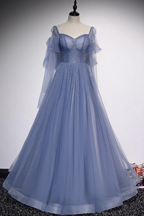 Sweetheart Blue Tulle Long A Line Prom Dress Simple Evening Dress With Beading