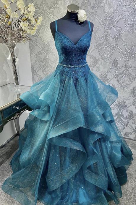 Blue Tulle Lace Beaded Spaghetti Straps Long Prom Dress, Homecoming Dresses