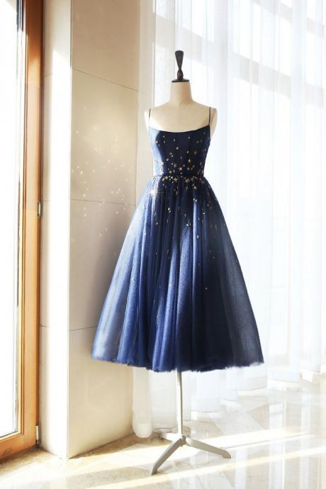 Deep Blue Tulle Open Back Tea Length Prom Dress Party Dress