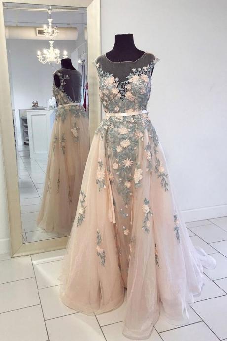 Champagne Tulle Round Neck Embroidery Long Formal Prom Dress, Evening Dresses
