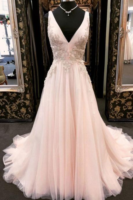 Light Pink Tulle V Neck Long Dress Prom Dress Lace Applique Evening Dress
