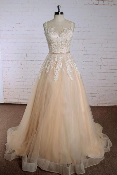 Light Champagne Tulle Long Lace A Line Customize Prom Dress, Formal Dress