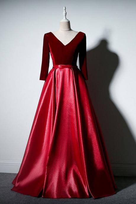 2021 Burgundy Satin Velvet Long Sleeve Prom Dress, Formal Dresses