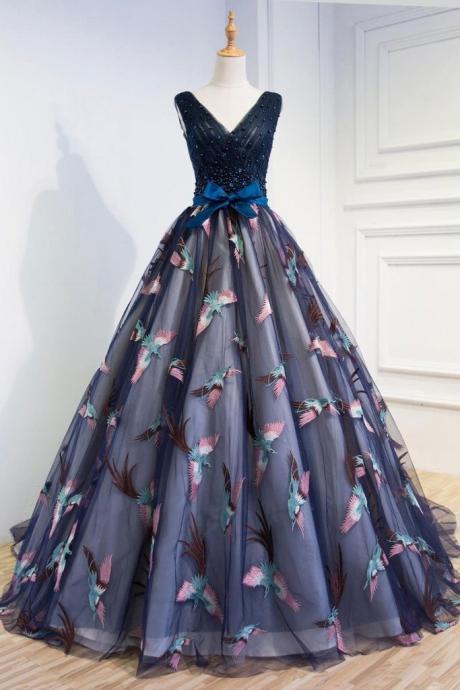 Navy Blue Floral Tulle A Line Long Sweet 16 Prom Dress Customize Evening Dress