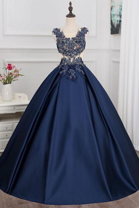 Dark Blue Satin Lace Applique Long Dress A Line Formal Prom Dress