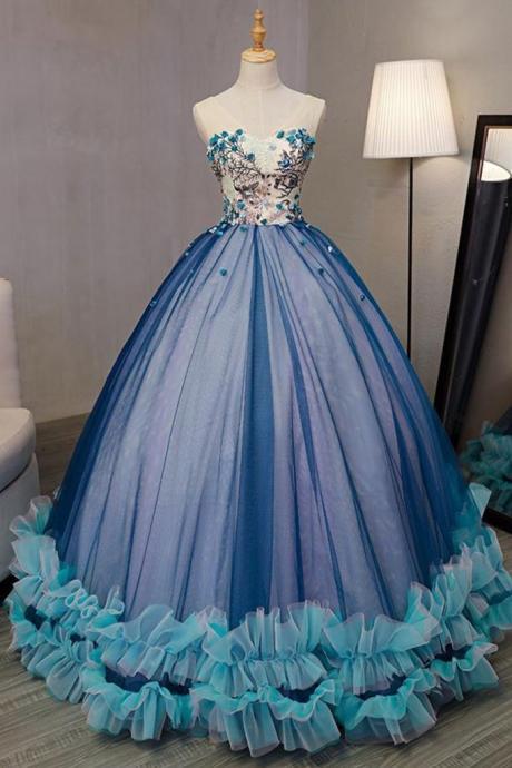 Unique Blue Tulle Strapless Long A Line Sweet 16 Prom Dress, Prom Gowns
