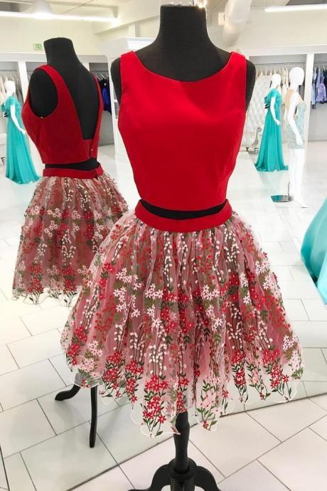 Red Flower Floral Tulle A Line Two Pieces Short Homecoming Dress, Prom Dress