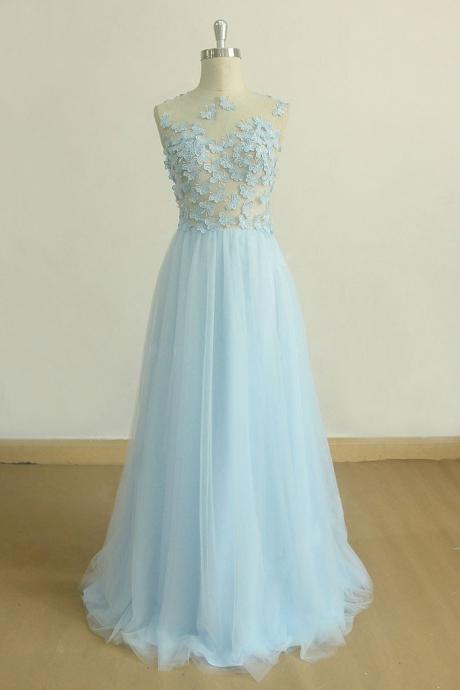 Baby Blue Tulle Round Neck Long A Line Lace Applique Formal Prom Dress, Evening Dress