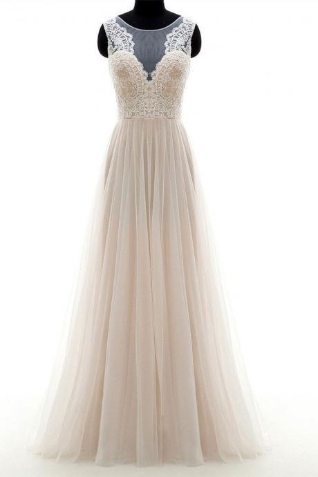 Light Champagne Tulle Long Lace Round Neck A Line Custom-size Prom Dress Evening Dress