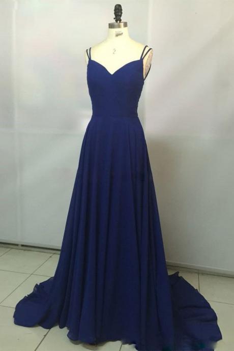 Navy Blue Chiffon V Neck Long Spaghetti Straps Backless Prom Dress, Party Dress