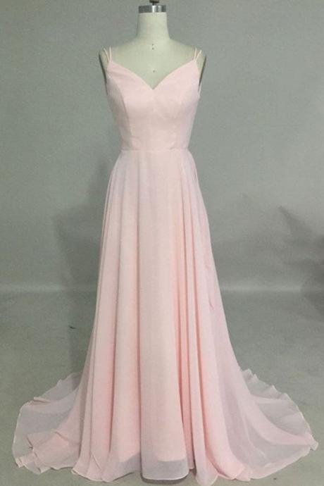 Simple Pink Chiffon V Neck Long Backless Prom Dress, Party Dress