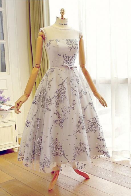Cute Gray Tulle Tea Length Party Dress, Prom Dress, Bridesmaid Dresses