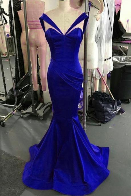 Simple Royal Blue Satin Long Mermaid Dress, Evening Dresses Prom Dress