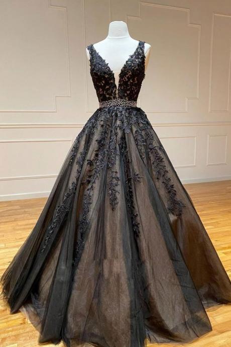 Black Tulle Lace V Neck Long Halter Dress, Prom Dress Beaded Evening Dresses 2021