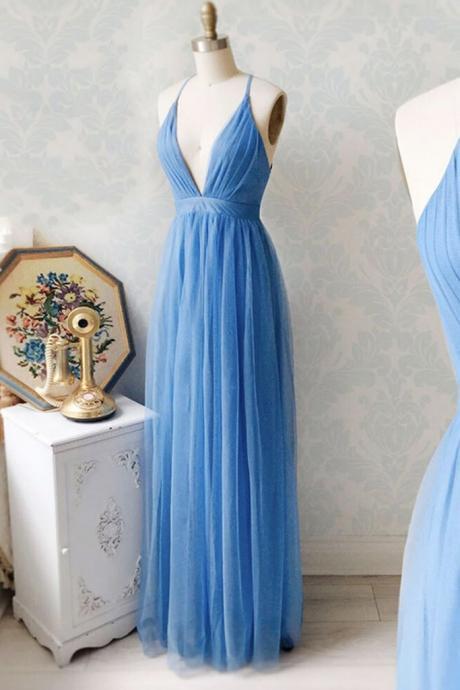 Blue Tulle V Neck Long Prom Dress Simple Evening Dress