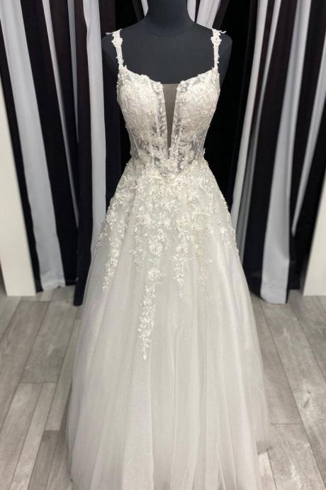 White Tulle Lace Spaghetti Straps Long Formal Dress Prom Dress, Customize Prom Gown