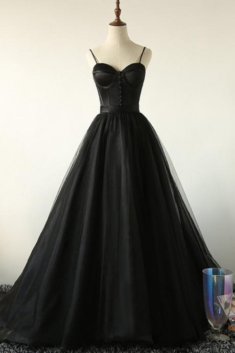 Black Tulle Long Prom Dress, Black Tulle A Line Evening Dress