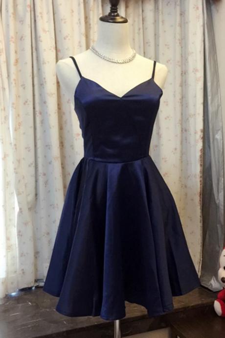 Simple Navy Blue Satin A-line V-neck Short Prom Dress, Homecoming Dress, Bridesmaid Dresses
