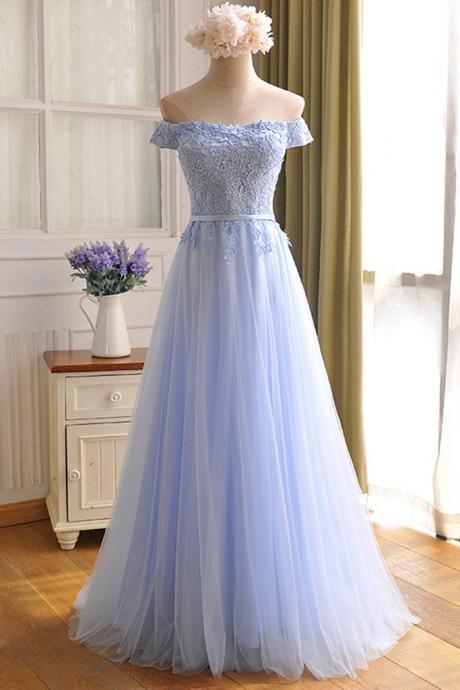 Blue Tulle Lace Long Prom Dress, Blue A Line Evening Dress
