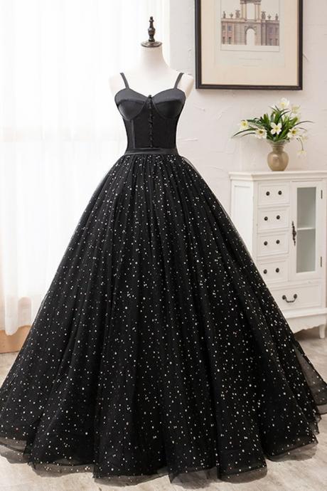 Princess Sweetheart Black Floral Tulle Long Sweet 16 Prom Dress, Graduation Dresses