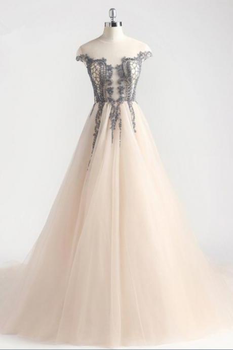 Light Champagne Tulle Long Lace Applique Prom Dress, Evening Dress
