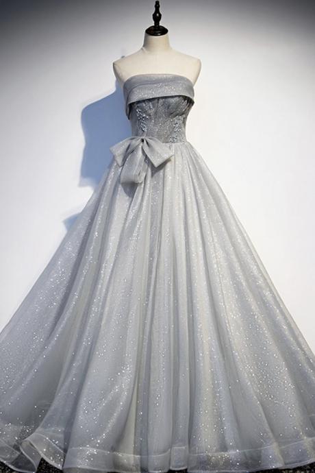 Gray Tulle Sequins Long Sweet 16 Prom Dress, A Line Prom Gown