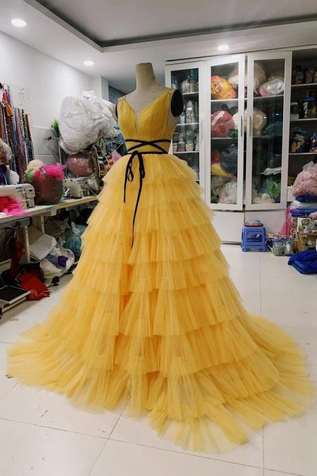 Yellow Pleat Spaghetti Straps Backless Long Prom Dress, Tiered Tulle Evening Party Gowns