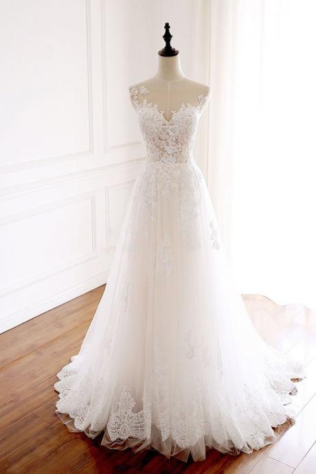 White Tulle Round Neck Long Lace Formal Prom Dress, Evening Dress, Bridal Dress