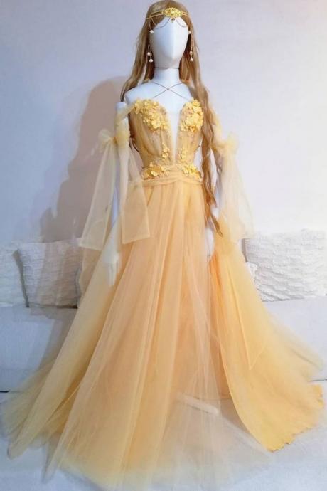 Yellow Tulle V Neck Spaghetti Straps Long Lace Up Sweet 16 Prom Dress, Graduation Dress, Teenager Party Dress