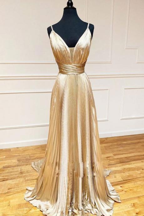 Champagne Satin V Neck Long Evening Dress Pleated Prom Dress, Party Gown
