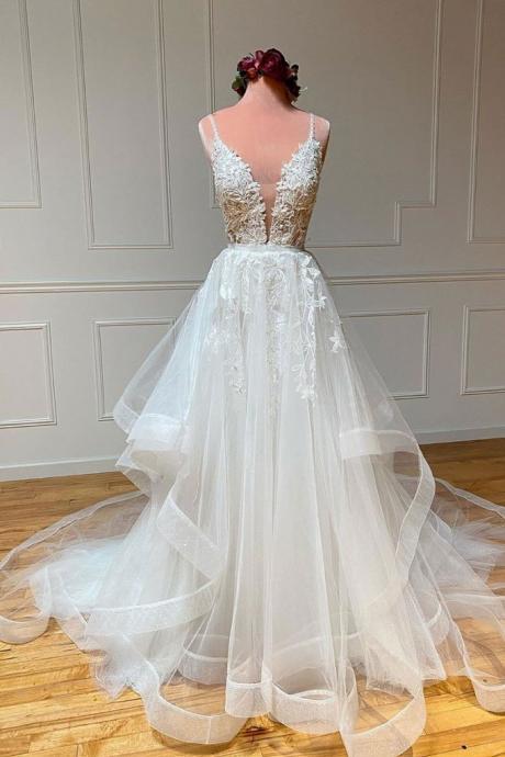 White Lace Tulle V Neck Long Prom Dress Backless Lace Wedding Dress