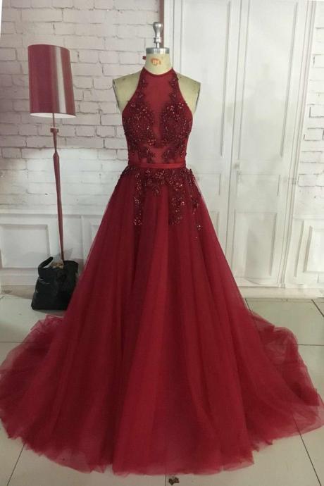 Sexy A-line Halter Long Burgundy Tulle Prom Dresses Backless Floor Length Formal Party Dresses