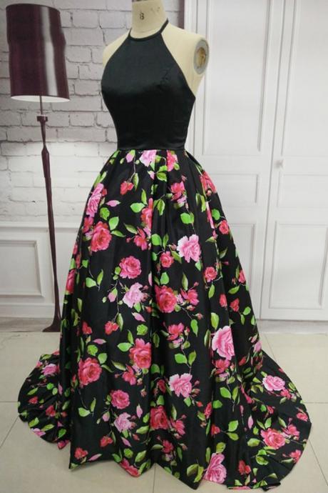 Vintage Long Satin Floral Black Prom Dresses Floor Length Halter Open Back Party Dresses For Women