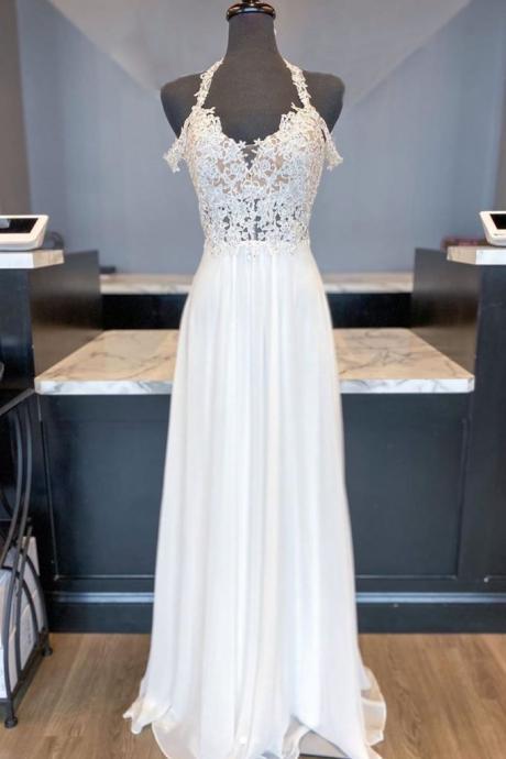 White Chiffon Lace Open Back Long A Line Prom Dress, Bridesmaid Dress 2021